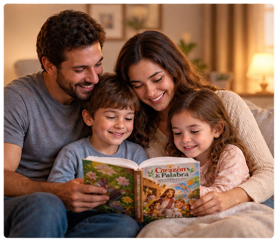 Una familia leyendo junta Corazón & Palabra