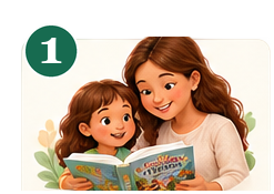 Paso 1 — una mamá lee la historia ilustrada con su hija