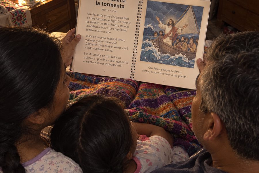 Mamá e hijo leyendo una historia antes de dormir