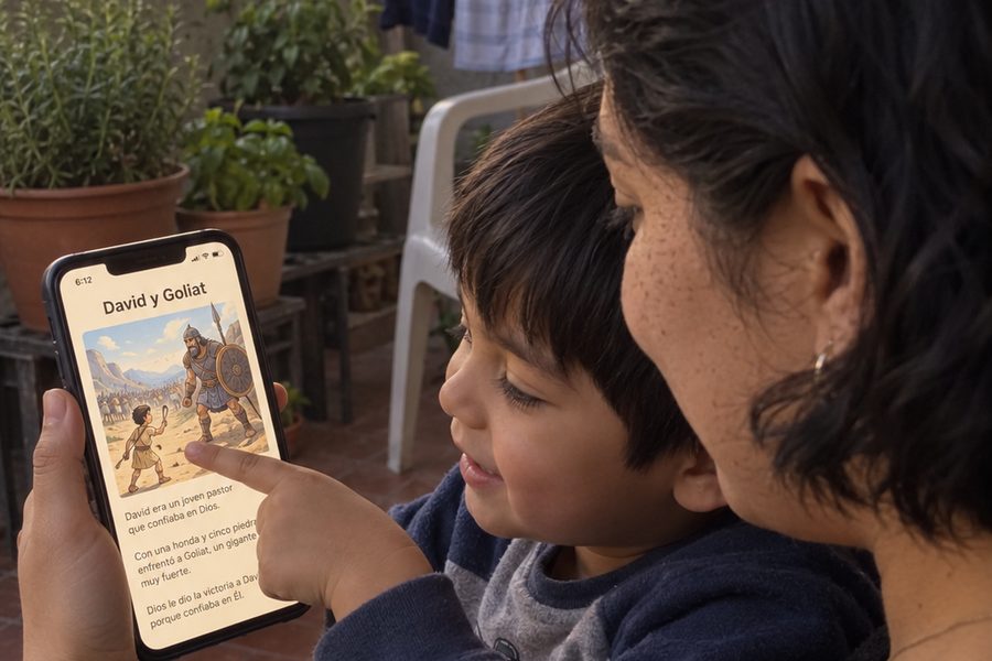 Madre abriendo la historia en el celular junto a su hijo
