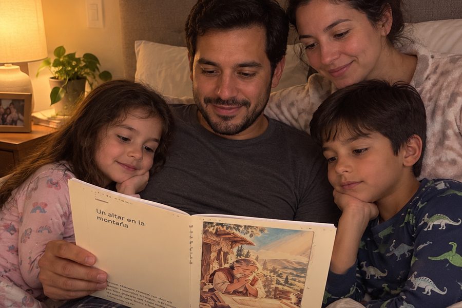 Padre leyendo la historia a dos niños antes de dormir