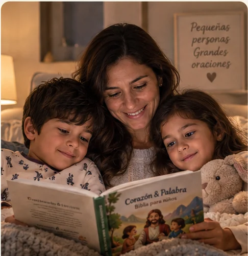 Una mamá leyendo Corazón & Palabra con sus dos hijos antes de dormir