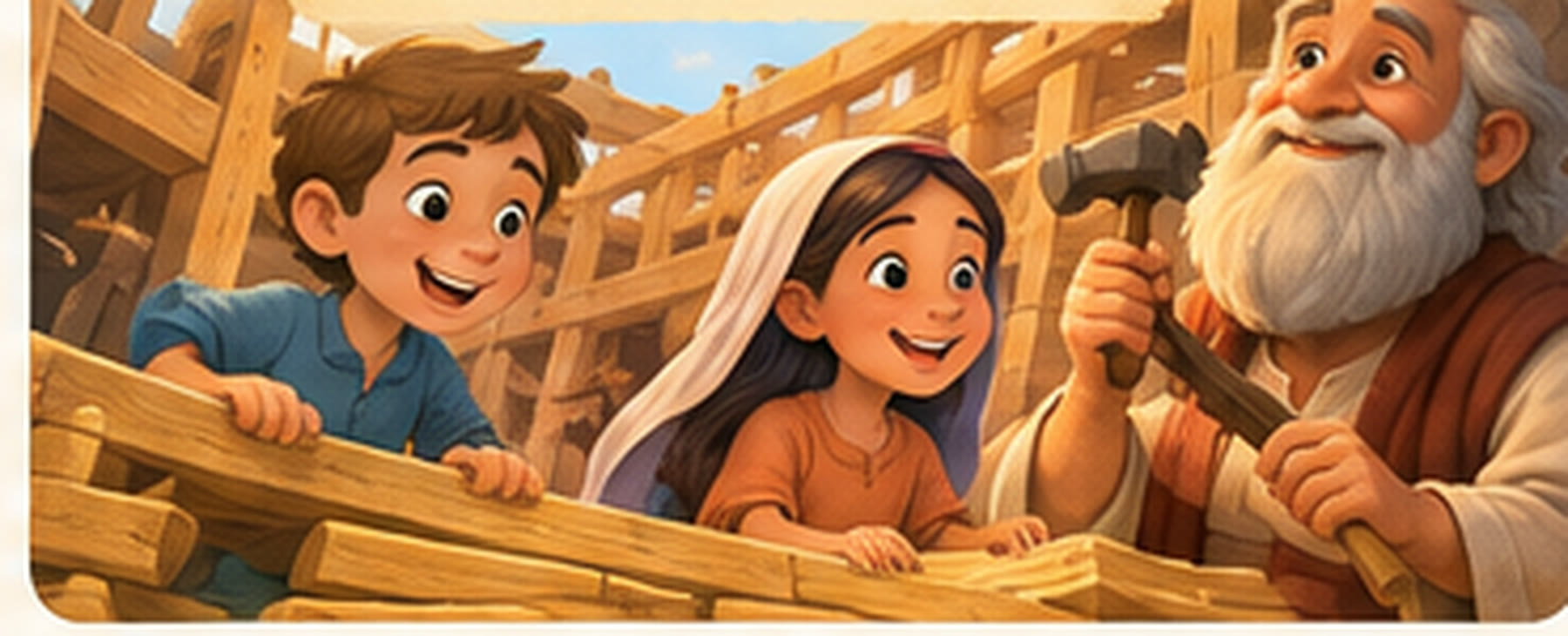 Ilustración de Noé construyendo el arca, de la historia 03