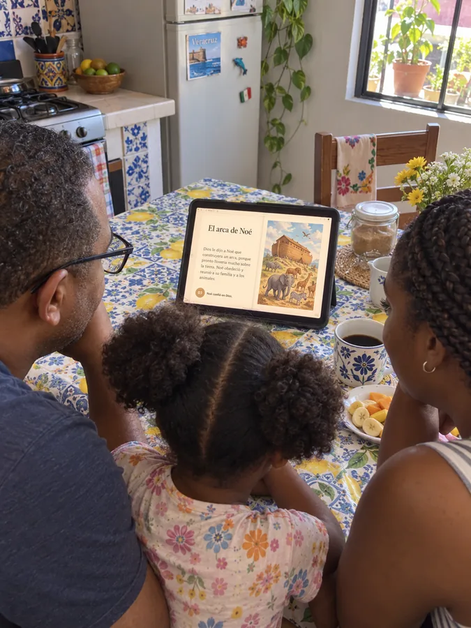Una familia leyendo la historia del arca de Noé en la tablet, en la mesa de la cocina