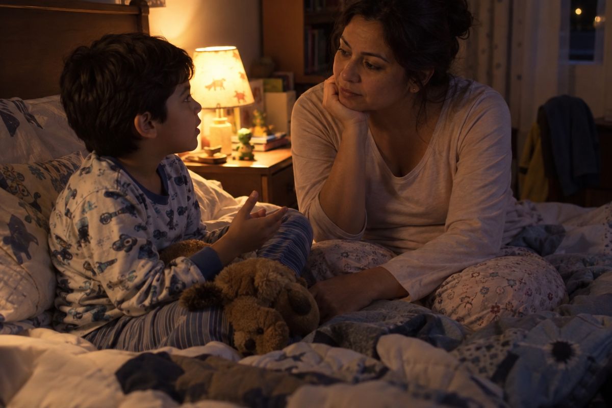 El mismo niño contestando una pregunta sobre la historia; la mamá escucha
