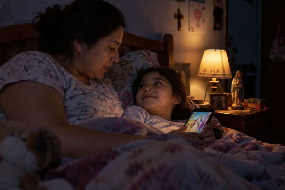 Una mamá y su hija leyendo la historia en la cama, antes de dormir